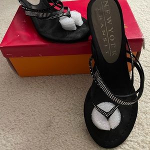 New York Transit black brushed suede crystal studded wedges